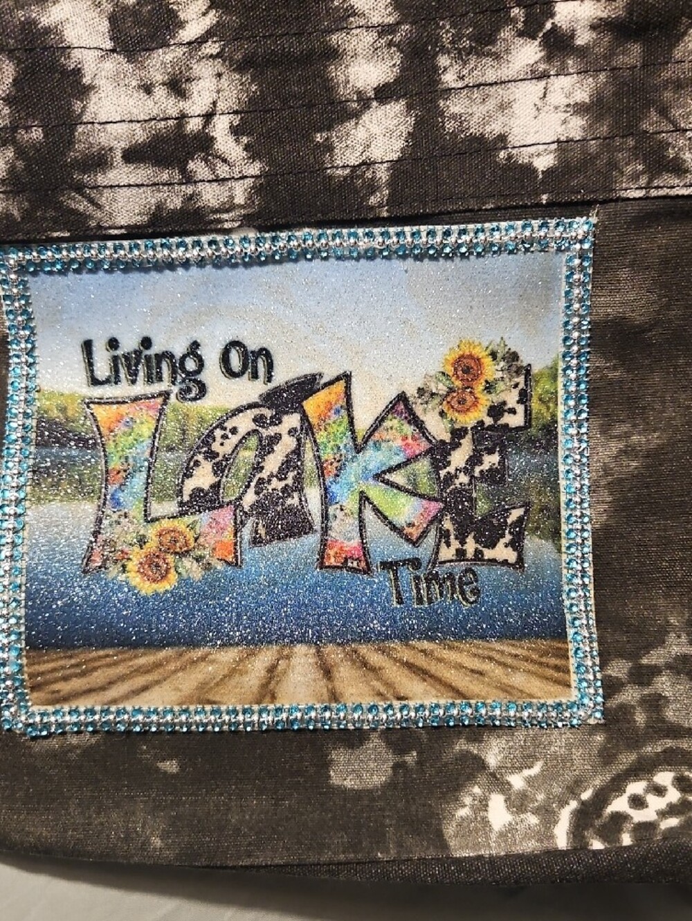 Hand Crafted Black & White Tie-Dye Tote with 'Living On Lake' Patch - Picture 2 of 4